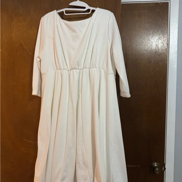 Cream Long-Sleeve Midi Dress with Gathered Waist - Picture 2 of 3